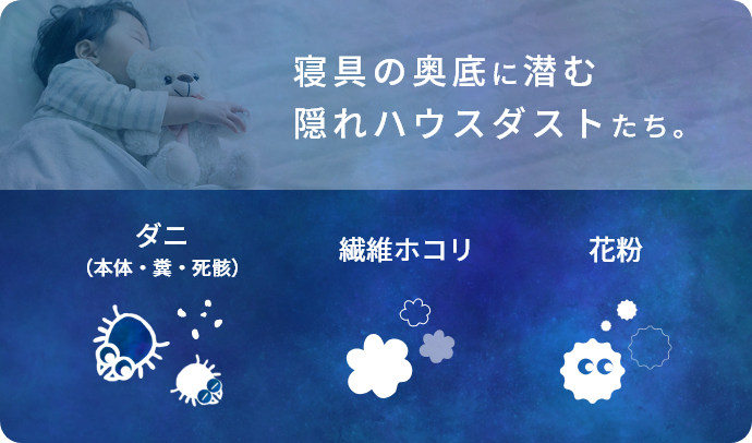寝具の奥底に潜む隠れハウスダストたち。【ダニ（本体・糞・死骸）・繊維ホコリ・花粉】