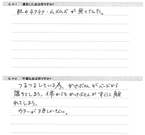 肌のチクチク・ムズムズが無くなった。つるつるしている為、かけぶとんがベッドから落ちてしまう。