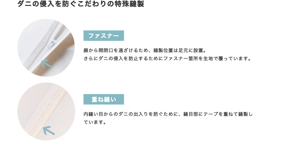 ダニの侵入を防ぐこだわりの特殊縫製