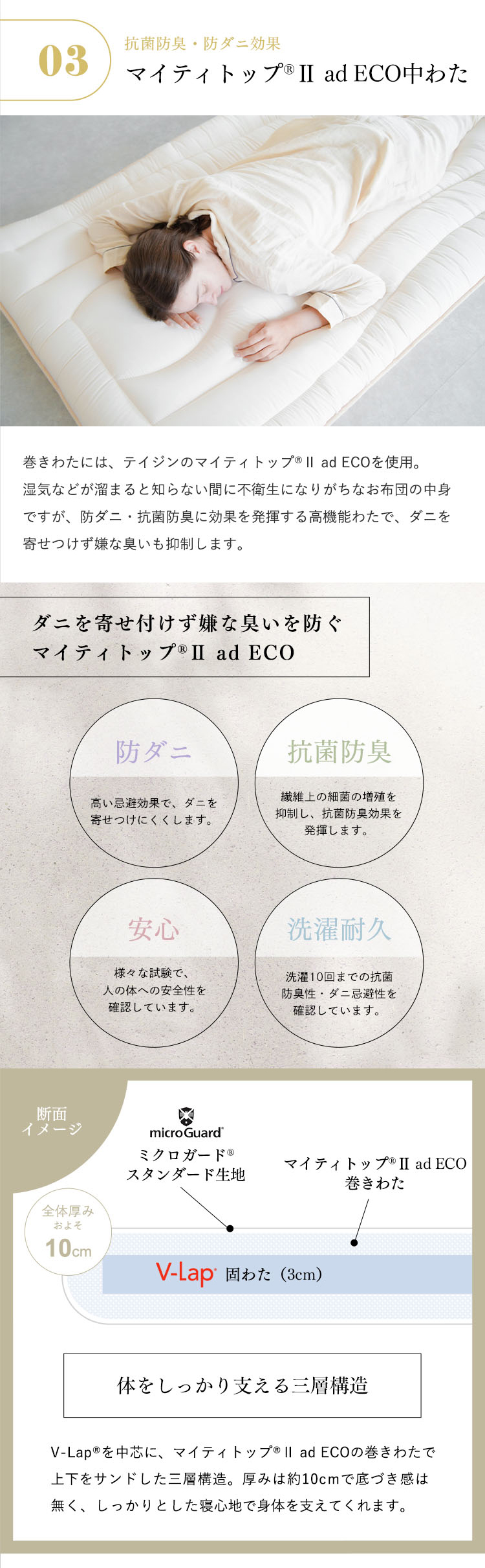 ミクロガード#127276;スタンダード 軽量体圧分散 防ダニ3層敷布団ダニ・ハウスダスト対策寝具｜【帝人フロンティアグループ直営】  ミクロガード(R)公式通販｜防ダニ加工のシーツ・布団などの寝具